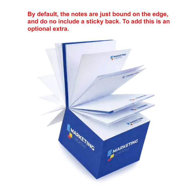 A cube-shaped note pad with white and blue sticky notes, featuring a logo on the front.