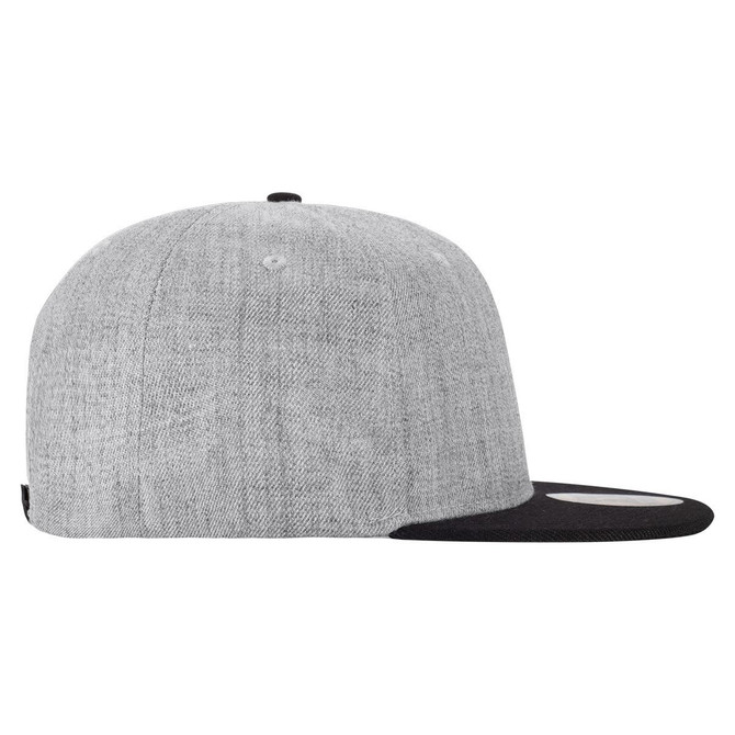 A grey cap with a black peak and an unidentified logo on the side.