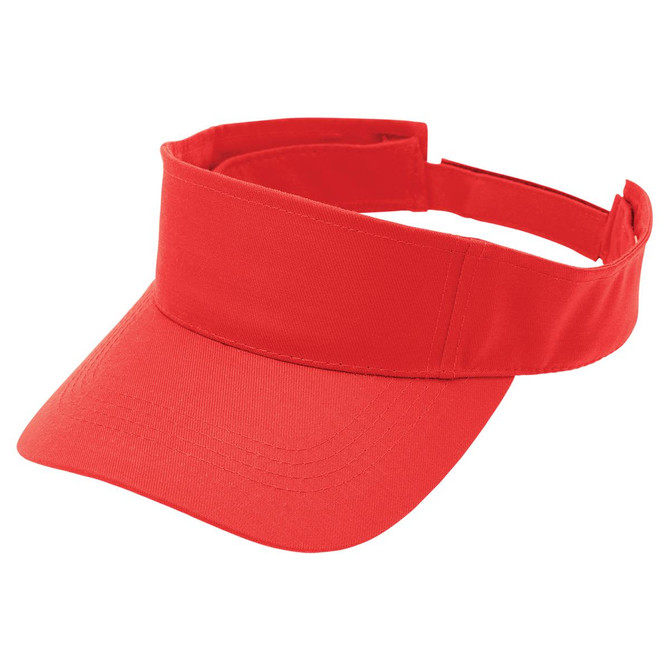 A red visor with an adjustable strap and a solid design, featuring a logo on the front.