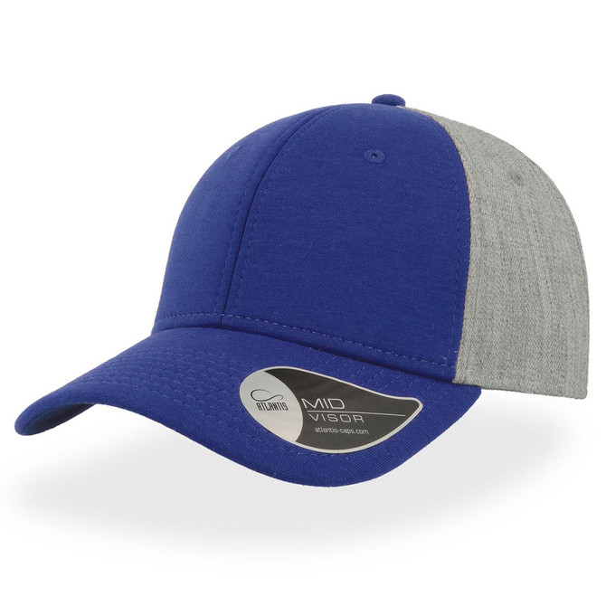 A blue and grey cap featuring a mid visor and a logo on the side.