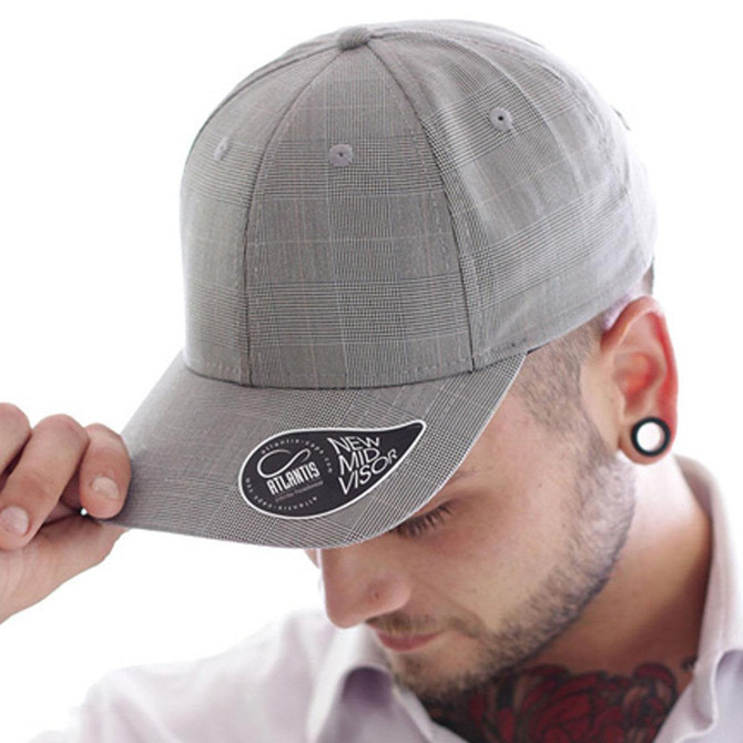 A grey cap with a checkered pattern and a logo on the brim. The cap features a flat visor and an adjustable fit.