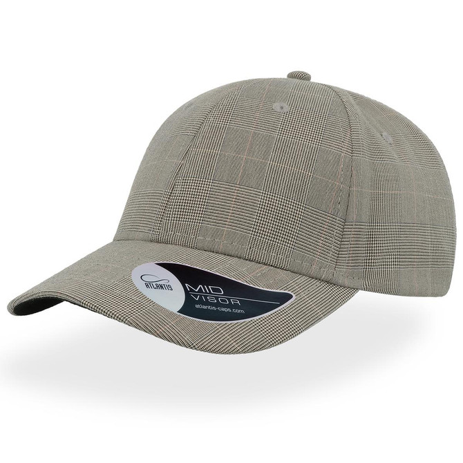 A grey cap featuring a plaid pattern and a mid-visor design, with a logo on the side.