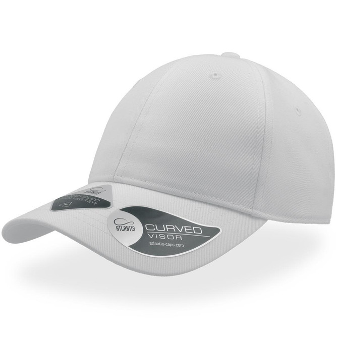 A white cap with a curved visor and a branded tag. The cap is made from recycled materials.