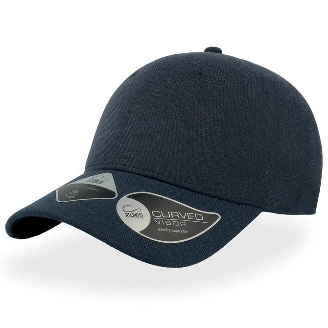 A dark navy cap with a curved visor, featuring a logo on the side.