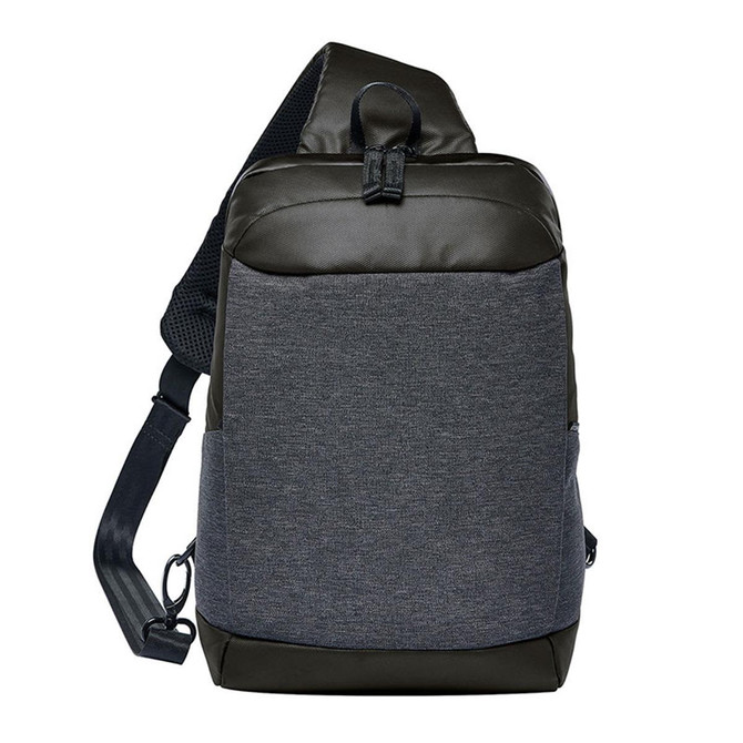 A slate grey and black sling backpack featuring a single adjustable strap and a logo.