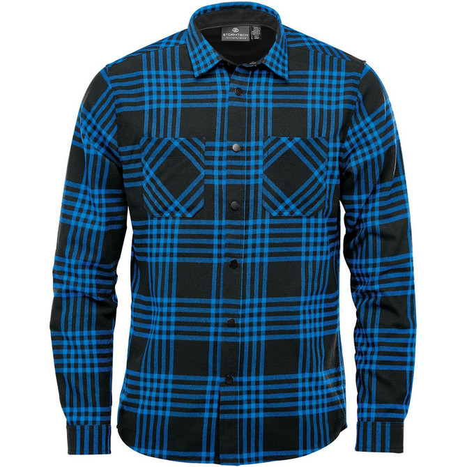 A button-up, long-sleeve shirt featuring a black and blue plaid pattern with two chest pockets and a logo.