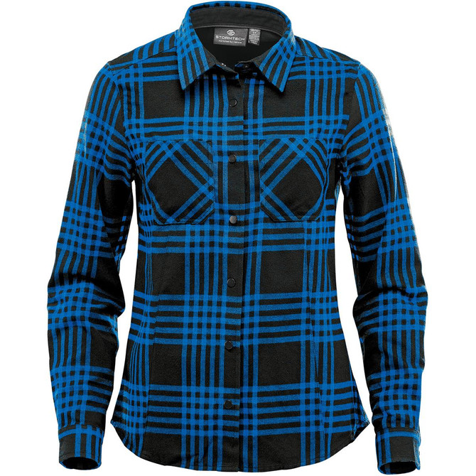 A blue and black checkered button-up shirt with two chest pockets and a collar. It features a logo.