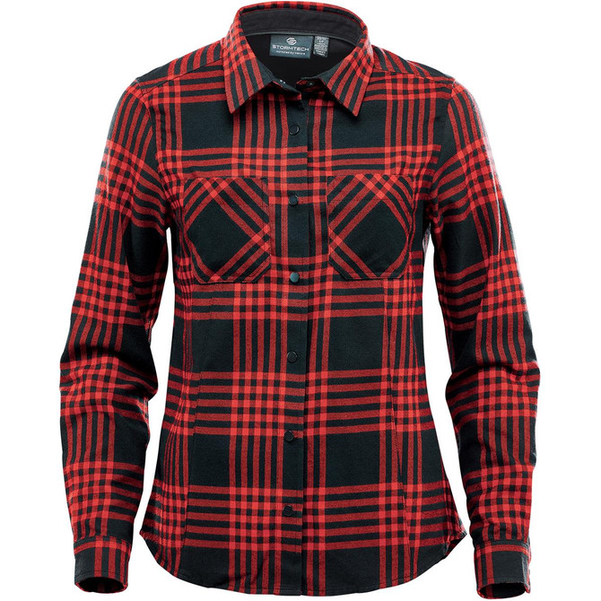 A red and black plaid button-up shirt with two chest pockets and a collar. It has a branding logo.