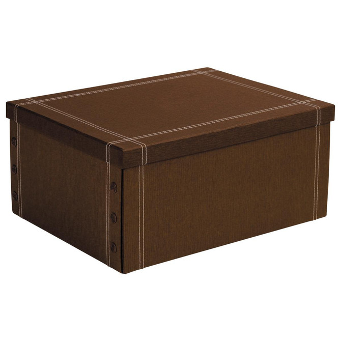 A large brown keepsake box with white stitching and decorative buttons, suitable for home organisation.