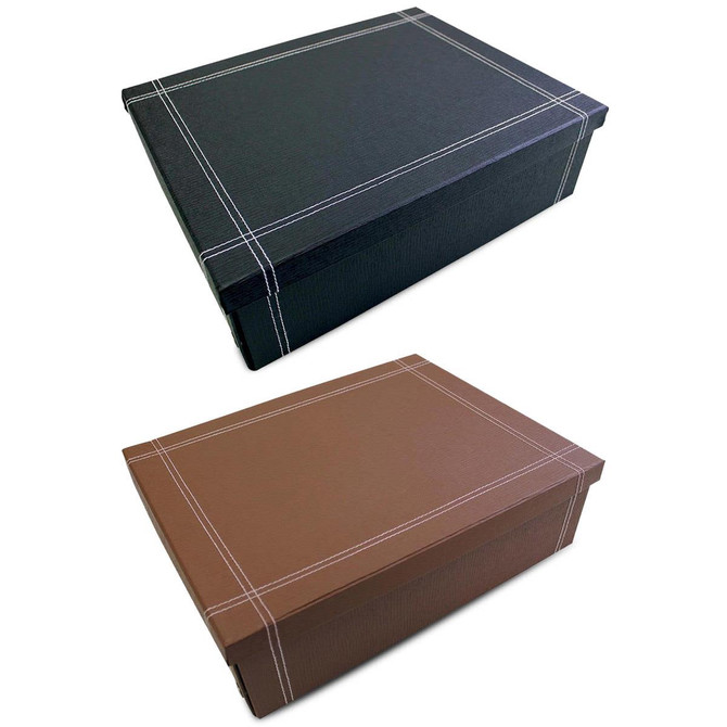 A small keepsake box in black and brown, featuring contrasting stitching and a simple design. It includes a logo.