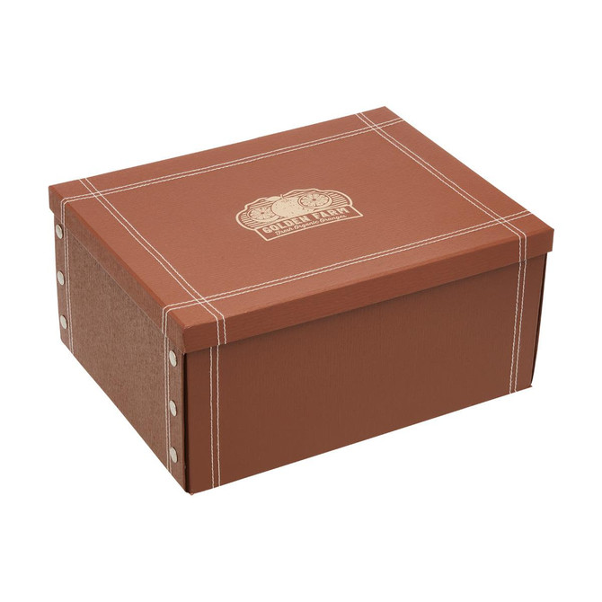 A large brown keepsake box with a textured finish and decorative stitching, featuring a logo on the lid.
