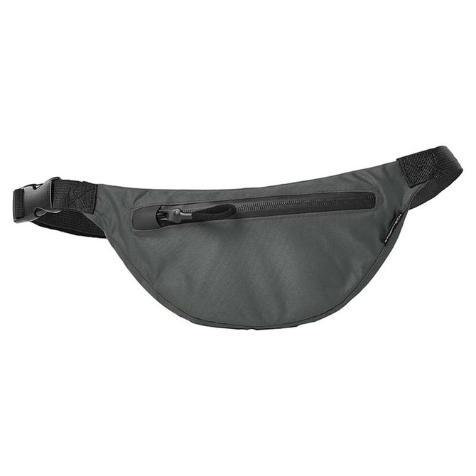 A green waist pack with a zippered pocket and an adjustable strap, featuring a logo.