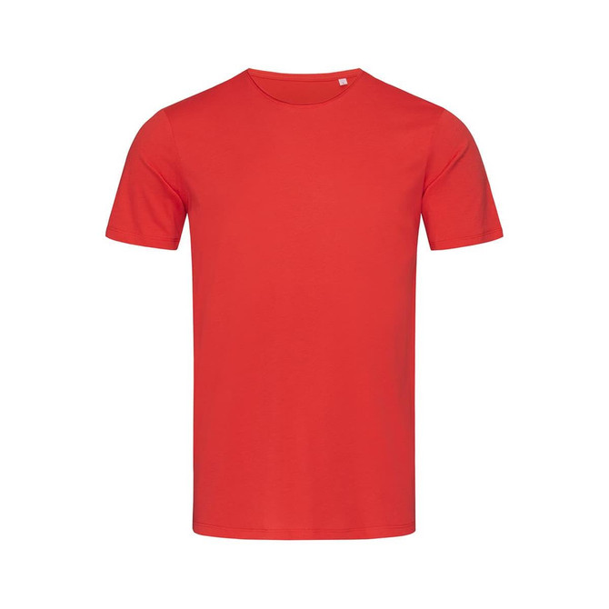 A red t-shirt with short sleeves and a round neck, featuring a logo on the label.