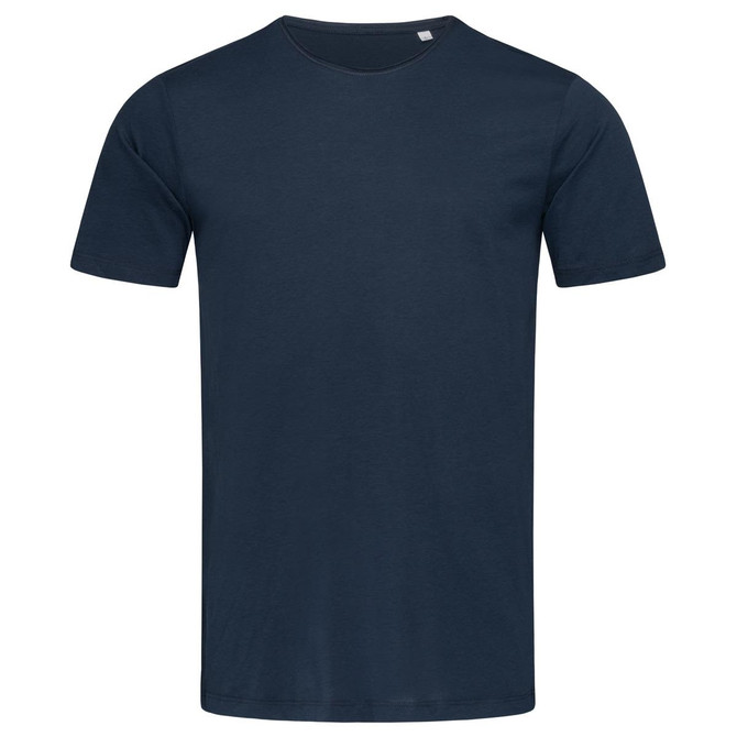 A navy blue men's cotton T-shirt with a classic round neckline and short sleeves. It features a small logo on the label.