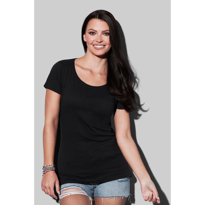 A black Women's Finest Cotton-T with a round neckline, displayed on a model wearing denim shorts. The shirt has a logo.