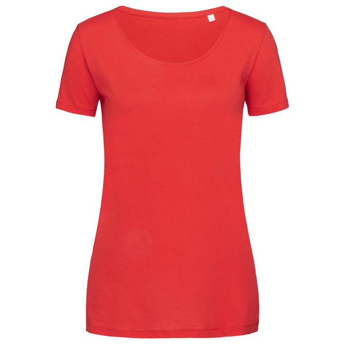 A red women's t-shirt with short sleeves and a scoop neckline, featuring a logo.