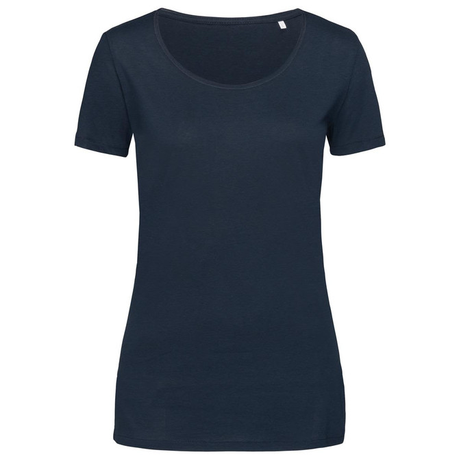 A women's navy blue T-shirt with a scoop neckline and short sleeves, featuring a small branding logo.