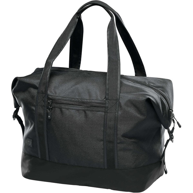 A black duffle bag with sturdy handles, featuring a zippered front pocket and a logo.