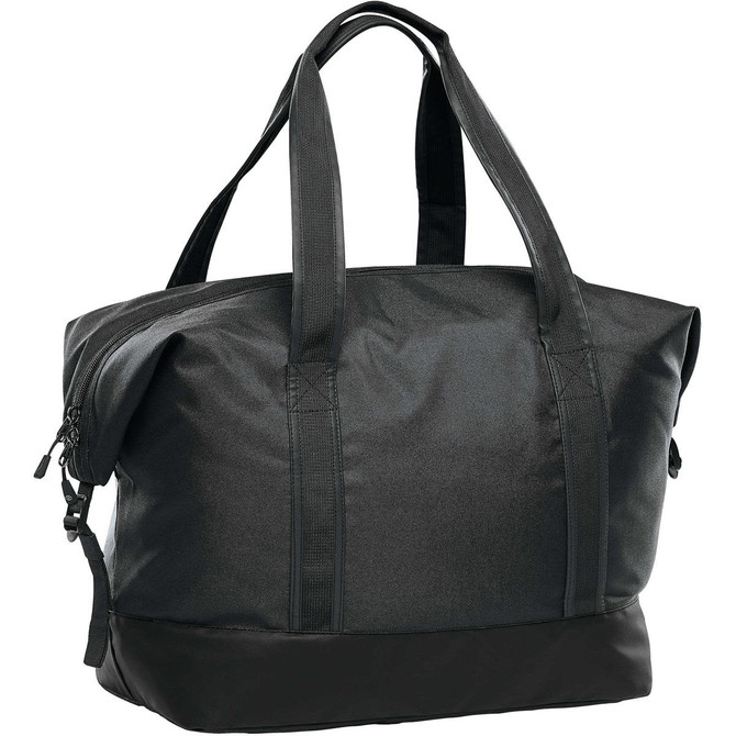 A black and dark grey duffle bag with sturdy handles and a zippered closure, featuring a logo.