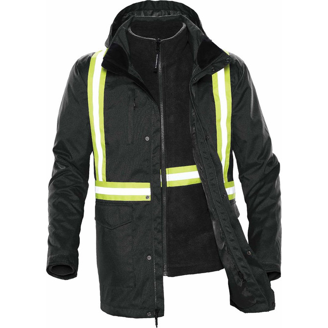 A dark green reflective parka with yellow stripes and a detachable inner jacket. It features a hood and pockets.