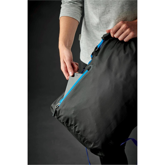 A black backpack with blue accents, featuring a zippered pocket being opened, revealing a smartphone inside.