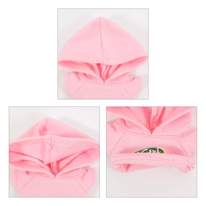 A pink plush doll hoodie with a hood and a small logo on the front.