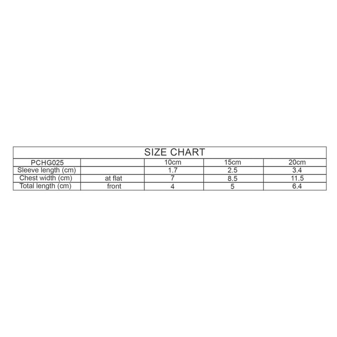 A size chart detailing measurements for a plush doll hoodie, including sleeve length and total length.