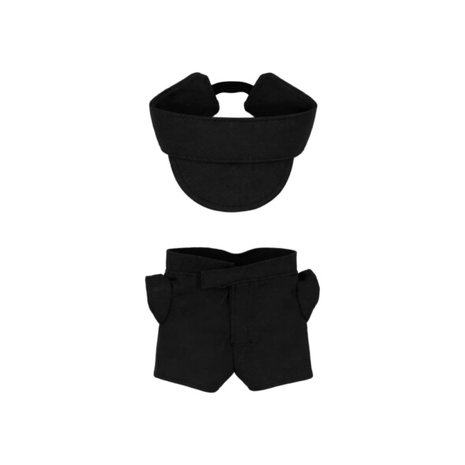 A black racing suit set for a 10cm plush doll, including a cap and shorts. Features a branded logo.
