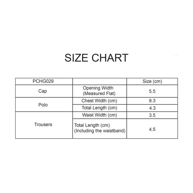 A size chart displaying measurements for a cap, polo, and trousers, in black text on a white background.