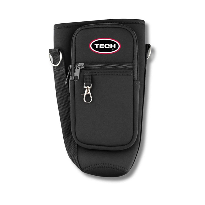 A drink bottle carrier in black neoprene with a front pocket and adjustable strap, featuring a logo.