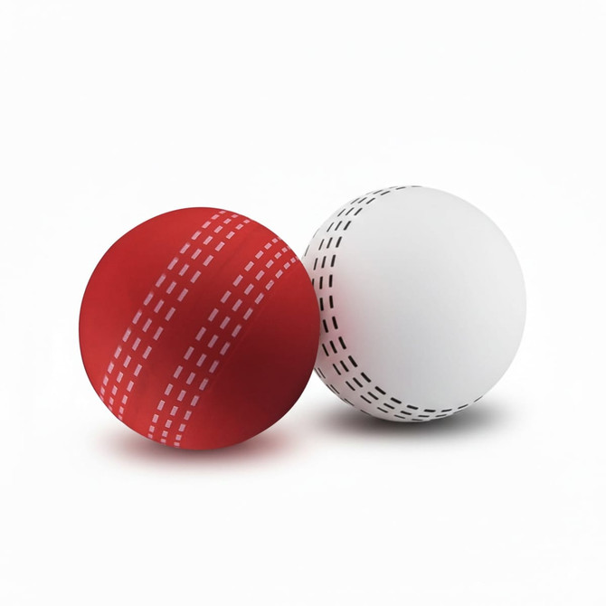 Two cricket balls, one red and one white, featuring stitching details and a logo on the white ball.