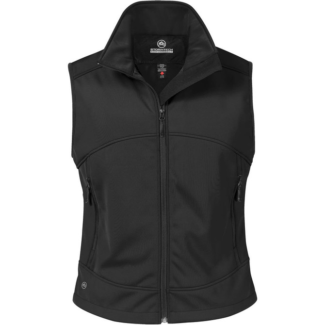 A black women's vest with a high collar, featuring zippered pockets and a sleek design, also has a logo.