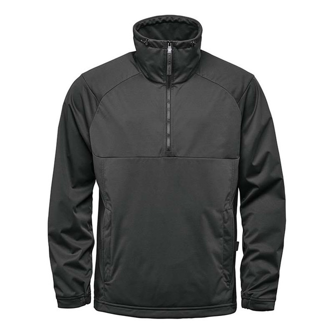 A black Men's Catskill Anorak jacket featuring a high collar and a partial zip, with a logo on the chest.