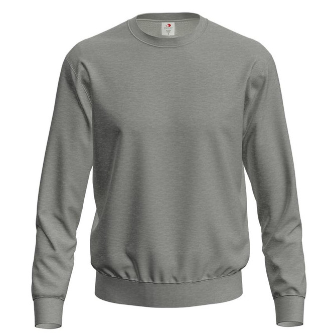 A grey men's sweatshirt with long sleeves and a fitted waistband. It features a brand logo.