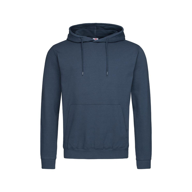 A men's hooded sweatshirt in navy blue with a front pocket and adjustable drawstrings, featuring a logo.