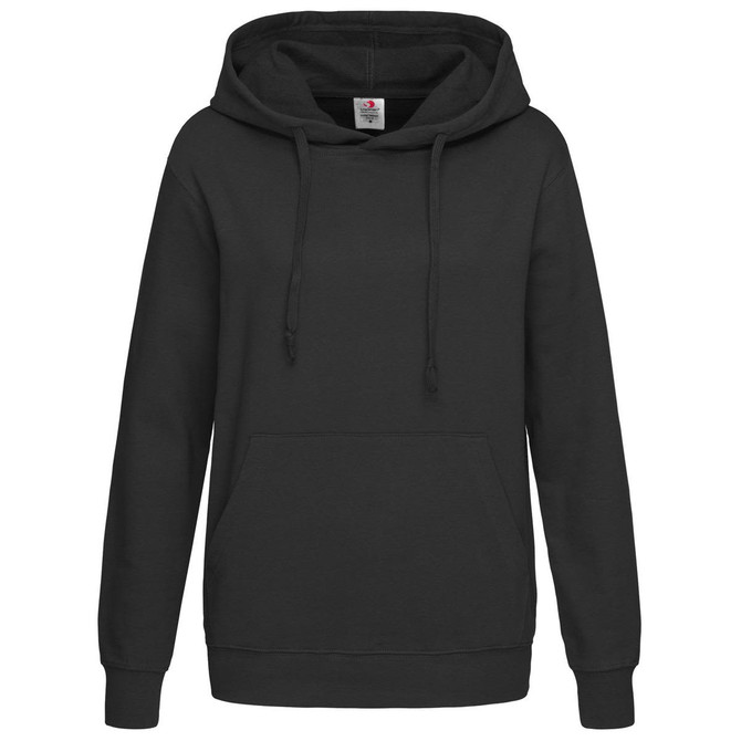 A black women's hooded sweatshirt featuring a front pocket and a logo.