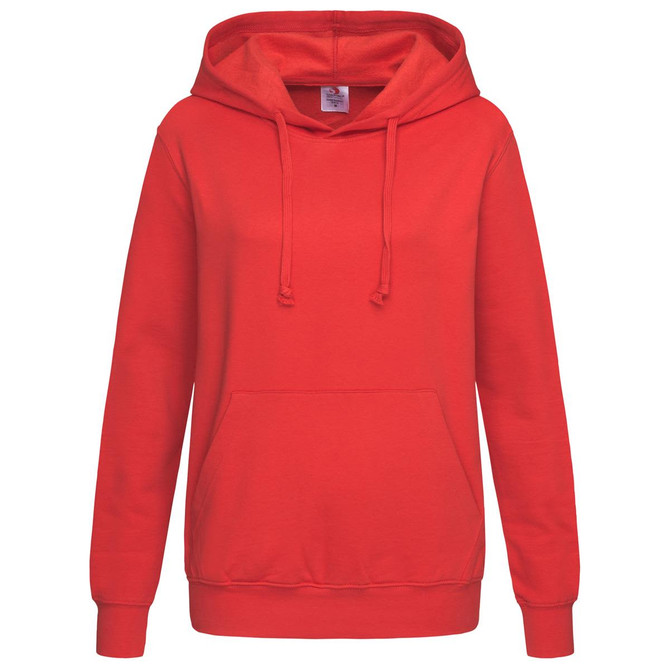 A red women's hooded sweatshirt with a front pocket and drawstrings. It features a logo on the front.
