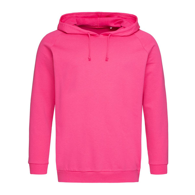 A pink unisex hooded sweatshirt featuring a front pouch and a logo on the chest.