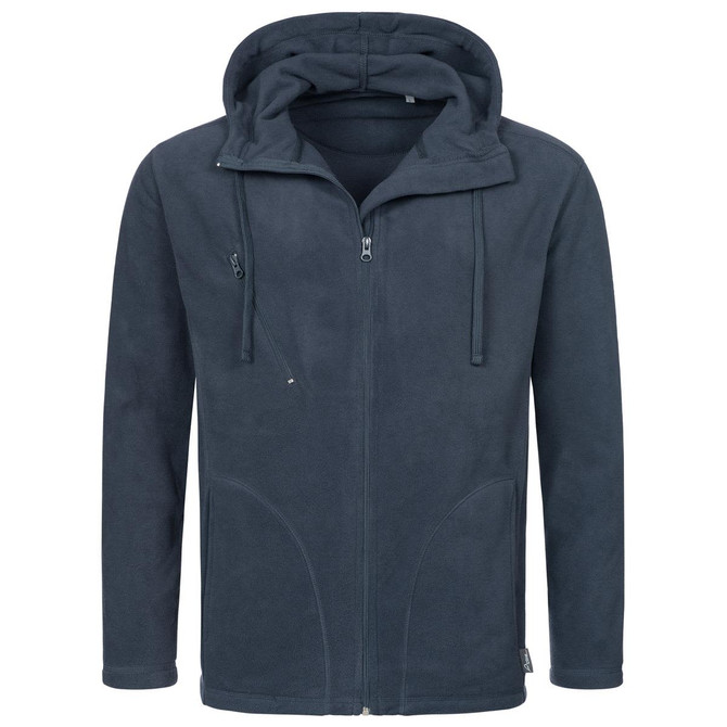 A men's hooded fleece jacket in navy blue with a zip front, two large pockets, and a drawstring hood.