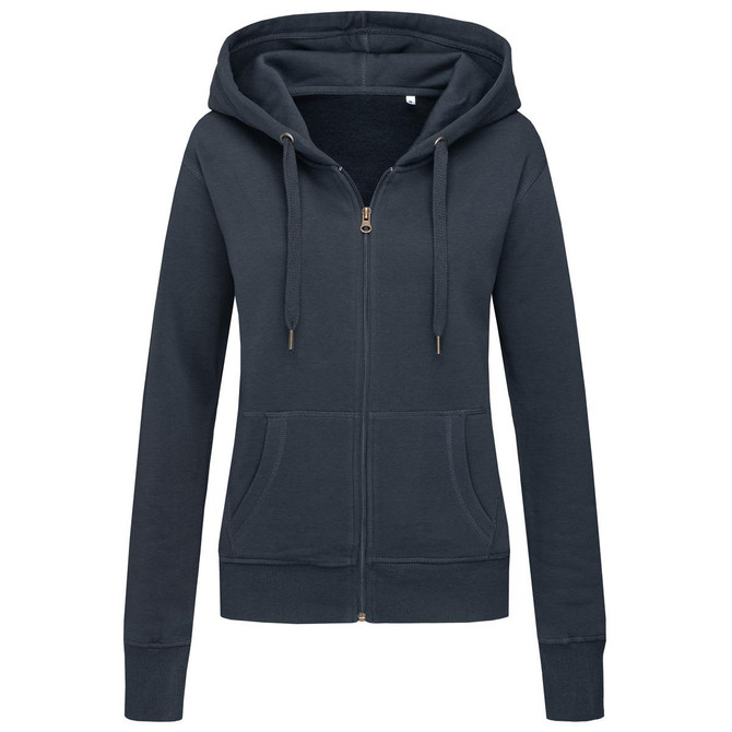 A women's active sweatjacket in dark grey, featuring a zip-up front, hood, and pockets. It includes a logo.