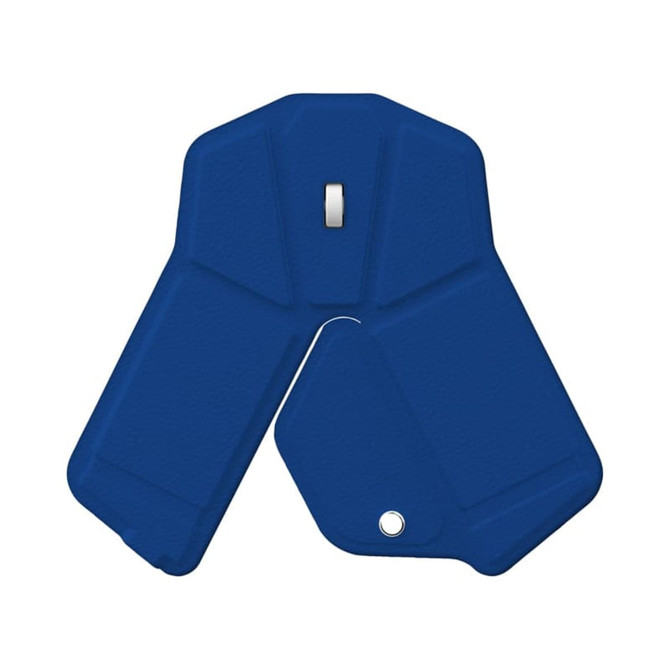 A blue foldable wireless mouse with a sleek design and a branding logo on its surface.