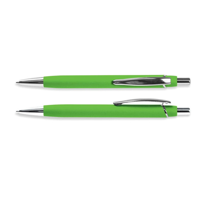 A green soft-touch pen with chrome accents and a clip, featuring a sleek design and branding.