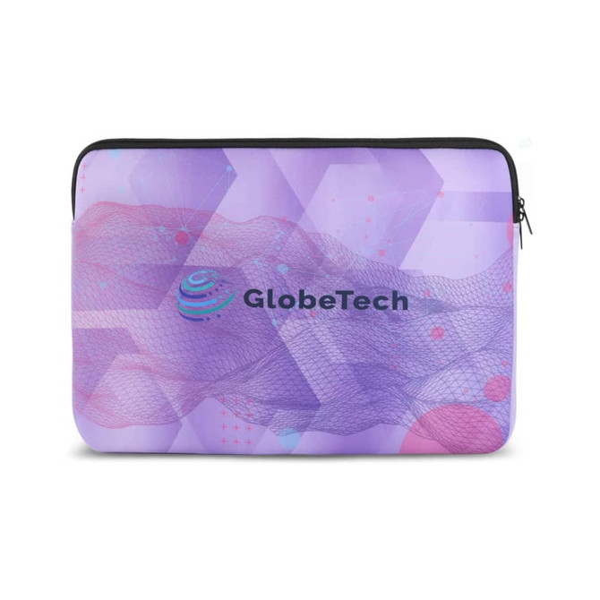 A large laptop sleeve in purple hues features a mesh design and a logo.
