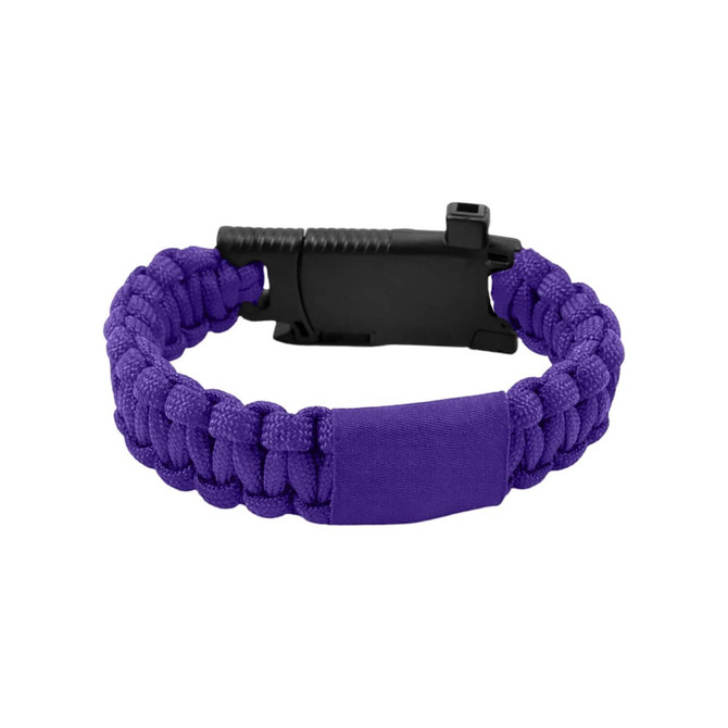 A purple paracord survival bracelet with a black buckle and adjustable strap. It features a logo on the side.