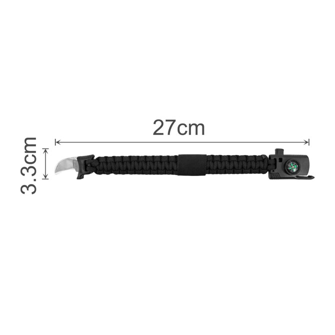 A black paracord survival bracelet measuring 27cm in length and 3.3cm in width, featuring a clasp and compass.
