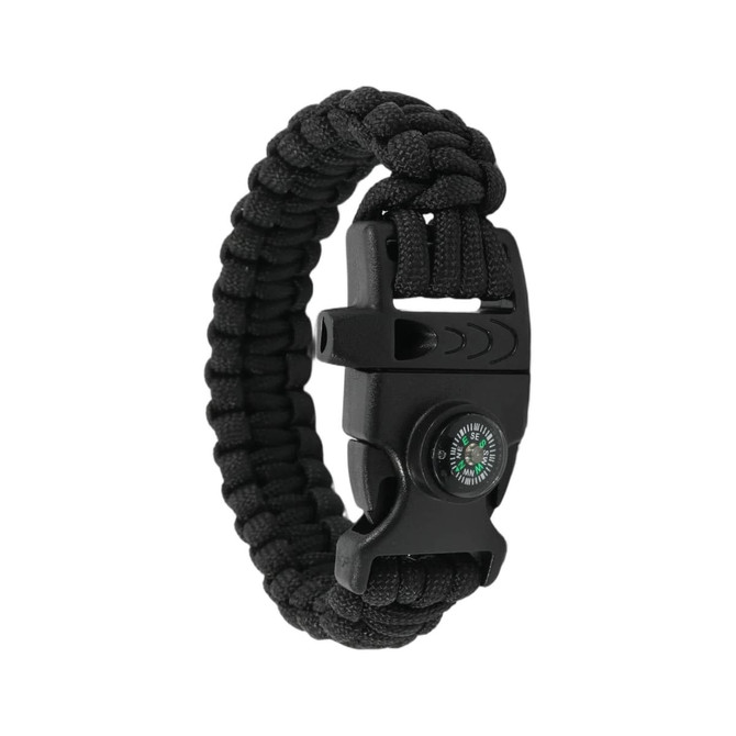 A black 3-in-1 emergency survival bracelet featuring a whistle and compass, designed for outdoor use.