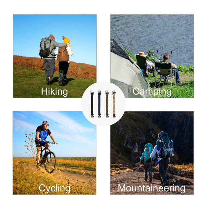 A collection of four images showcasing activities: hiking, camping, cycling, and mountaineering, featuring various outdoor settings.