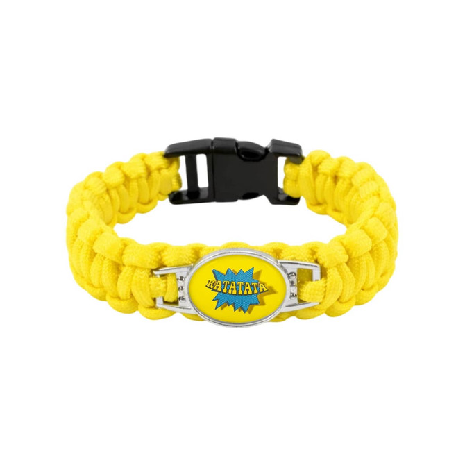 A yellow braided paracord bracelet featuring a themed pendant with a decorative design and a black clasp.
