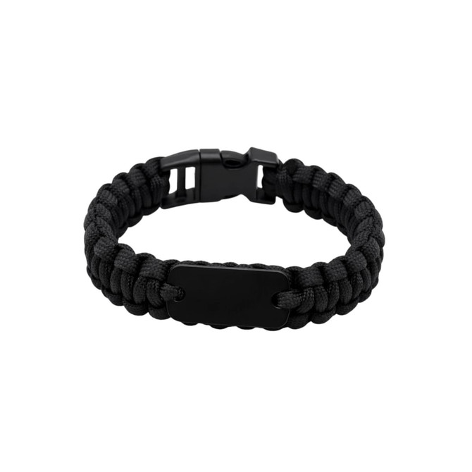 A black paracord bracelet featuring a metal plate and a plastic buckle closure.