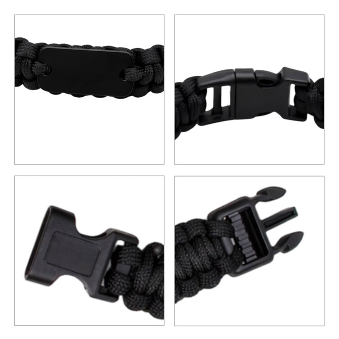 A black paracord bracelet featuring a metal plate and plastic clasp. Includes detailed views of the clasp and woven design.